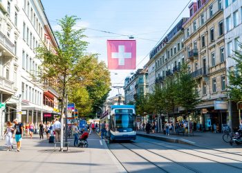 Zurich,,Switzerland,-,Aug,23,,2018:,A,Tram,Drives,Down