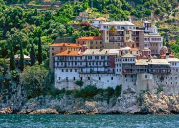 Scenic view of Gregoriou monastery on Mount Athos, Greece